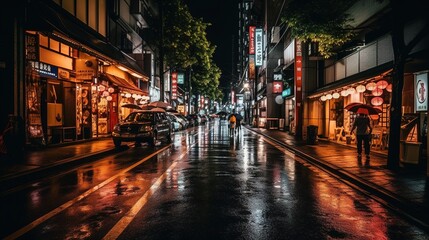 Fototapeta na wymiar Tokyo Japan night city neon lights glowing streets. Generative AI. 