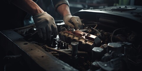 Auto mechanic repairing a car with his hands. Car service and maintenance. Repair service. Worker in the workshop. Hands of a mechanic close-up. Generative AI