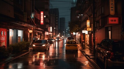 Fototapeta na wymiar Tokyo Japan night city neon lights glowing streets. Generative AI. 