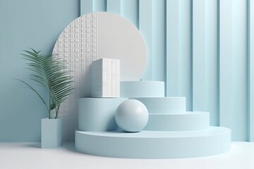 background products display podium scene, Minimal scene with podium and abstract background. Pastel blue and white colour background. AI generator, basic scene