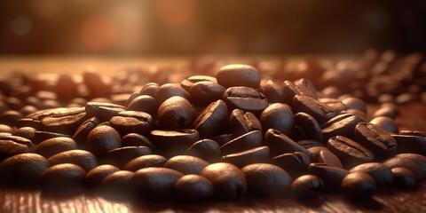 Coffee beans. Coffee shop concept. Freshly roasted coffee beans against a warm background. Concept for coffee shop business. Coffee beans close-up, soft light. Flavored coffee. Generative AI