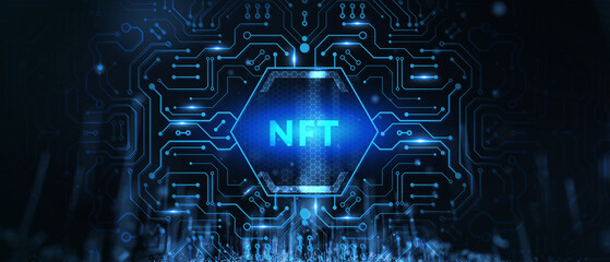 NFT Non-fungible token digital crypto on virtual screen. 3d illustration