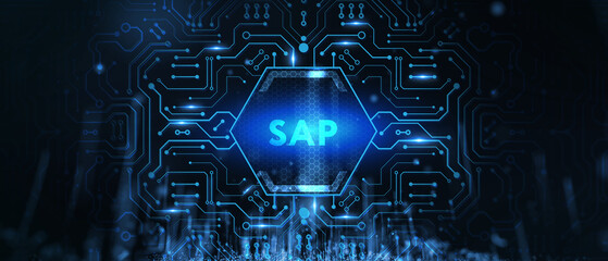 SAP System Software Automation concept on virtual screen data center. Business, modern technology, internet and networking concept. 3d illustration