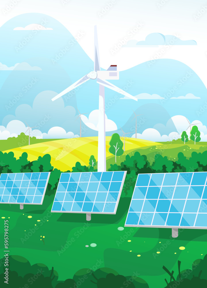 Wall mural vector illustration showing an open field with wind turbines and solar panels. illustration of a sum