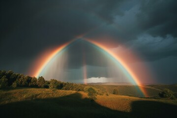 Fototapeta na wymiar Rainbow with two clouds. Generative AI