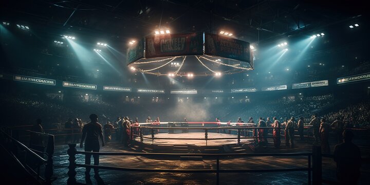 Empty MMA arena side view under lights. Cage fight arena. View of fighting arena with fans and shining spotlights. Sport. 3d render of MMA arena. Generative AI