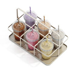 Milkshake disposable cups on tray. 3D illustration