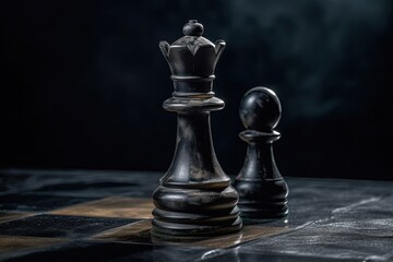Fototapeta premium Queen and pawn on a chessboard. Leadership, teamwork, partnership, business strategy concept. Chess figures on a dark background. Generative AI