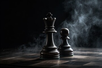Queen and pawn on a chessboard. Leadership, teamwork, partnership, business strategy concept. Chess figures on a dark background. Generative AI