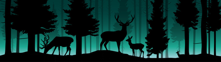 Black silhouette of wild deer and forest fir trees camping wildlife landscape panorama illustration icon vector for logo