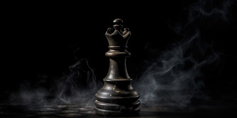 Queen in the center of the chessboard. Epic chess game illustration. Leadership, teamwork, partnership, business strategy concept. Chess figures on a dark background. Generative AI