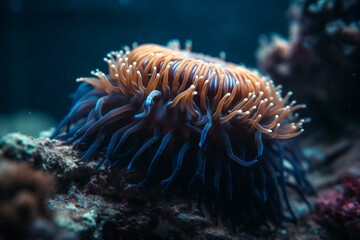 Naklejka na ściany i meble A striped sea anemone swims in blue water surrounded by corals. Generative AI
