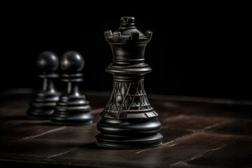 Fototapeta premium Queen in the center of the chessboard. Epic chess game illustration. Leadership, teamwork, partnership, business strategy concept. Chess figures on a dark background. Generative AI