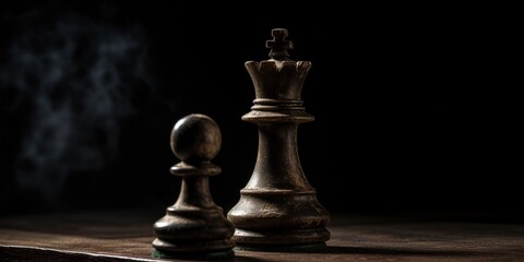 Queen and pawn on a chessboard. Leadership, teamwork, partnership, business strategy concept. Chess figures on a dark background. Generative AI