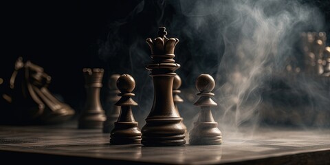 Chess figures on a dark background with smoke and fog. Epic chess game illustration. Chess pieces on a chessboard, blurred background. Concept of  business ideas, competition, strategy. Generative AI