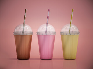 Milkshake disposable cups on pink background. 3D illustration