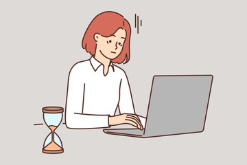Tired woman with laptop works in office sitting near hourglass symbolizing tough deadlines
