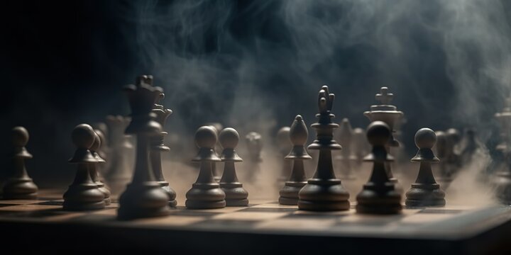 Chess figures on a dark background with smoke and fog. Epic chess game illustration. Chess pieces on a chessboard, blurred background. Concept of  business ideas, competition, strategy. Generative AI