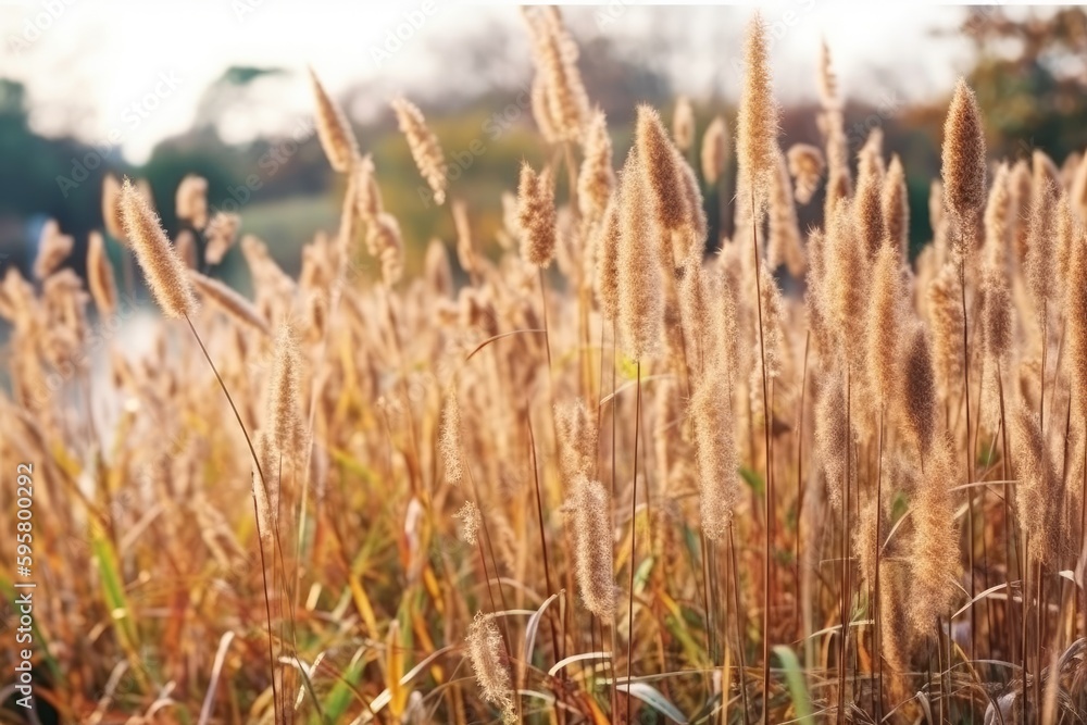 Aufkleber serene landscape with tall brown grass and trees in the background. generative ai