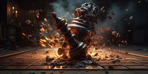 Explosion of a chess piece on a chessboard. Chess board game concept of business ideas and competition or war theme. Chess figures on a dark background of explosion and fire. Generative AI