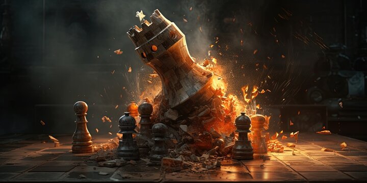 Explosion of a chess piece on a chessboard. Chess board game concept of business ideas and competition or war theme. Chess figures on a dark background of explosion and fire. Generative AI