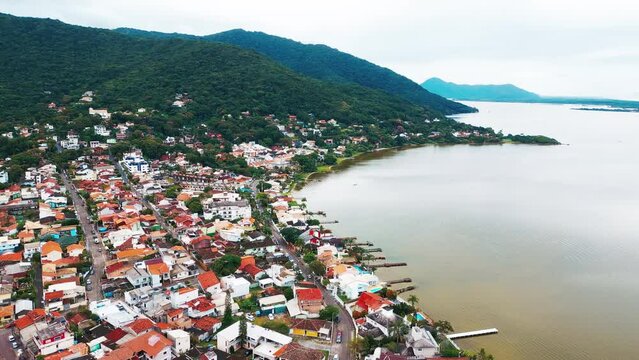 Aerial view of the town of Lagoa da Conceicao on the island of Santa Catarina in Brazil
