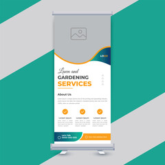 Lawn and gardening service roll up banner design tree and landscaping service poster leaflet flyer popup template