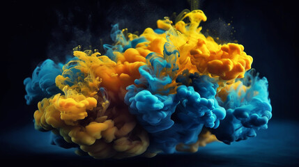 ink in the water. A splash  blue and yellow  paint. Abstract background color. Generative AI