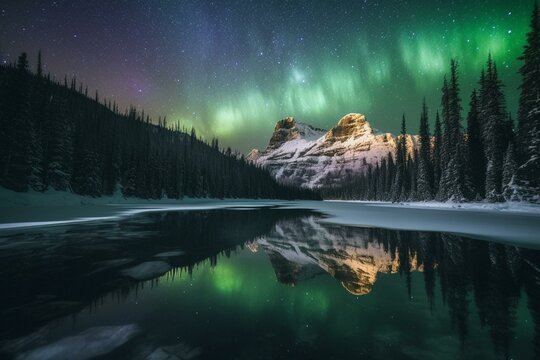 Aurora borealis reflected in snowy mountain lake with evergreens and distant aurora borealis. Generative AI
