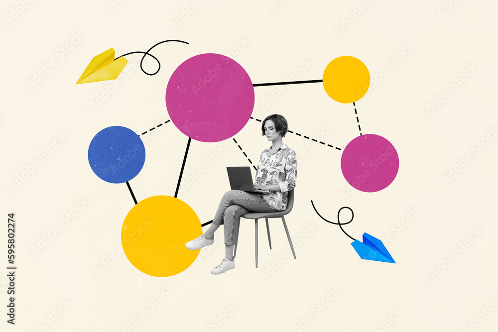 Poster collage portrait of black white colors working girl sitting chair use netbook chatting send paper pl