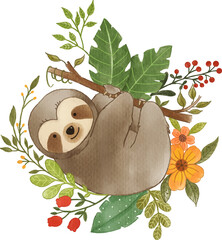 Sloth bear hold on branch of tree and flower . Watercolor cartoon character . © stockdevil