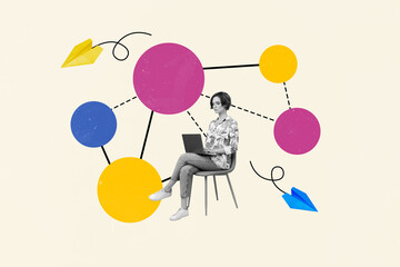 Collage portrait of black white colors working girl sitting chair use netbook chatting send paper...