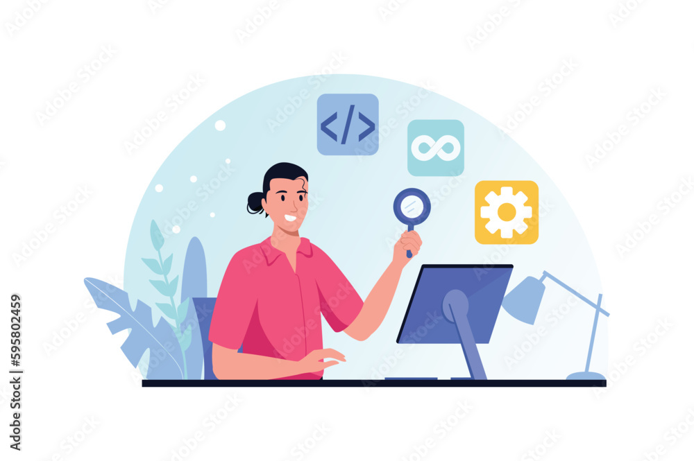 Poster devops blue and pink concept with people scene in the flat cartoon style. programmer works on develo