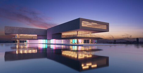 Fototapeta premium 3d modern buildings have colored gradient glass walls with a lake in front