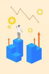 Vertical collage image of mini black white gamma minded guy stand climb top scratch head clueless...