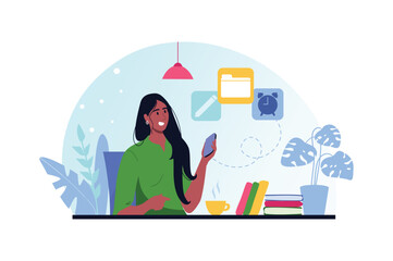 Mobile organizer blue and pink concept with people scene in the flat cartoon design. Girl looks at the program organizer in a new smartphone. Vector illustration.