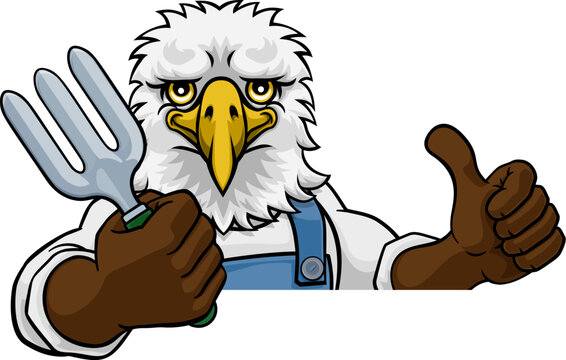 An eagle gardener cartoon gardening animal mascot holding a garden fork tool peeking round a sign and giving a thumbs up