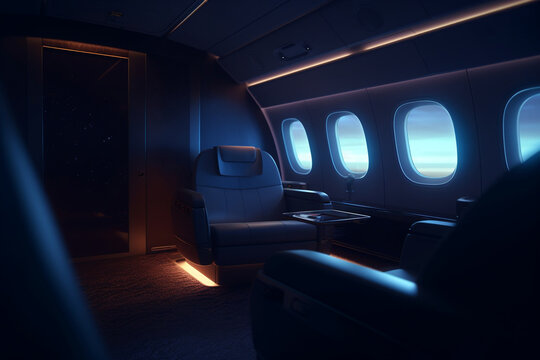 First Class Airplane Cabin with Mood Lighting and Adjustable Seats, Generative AI	