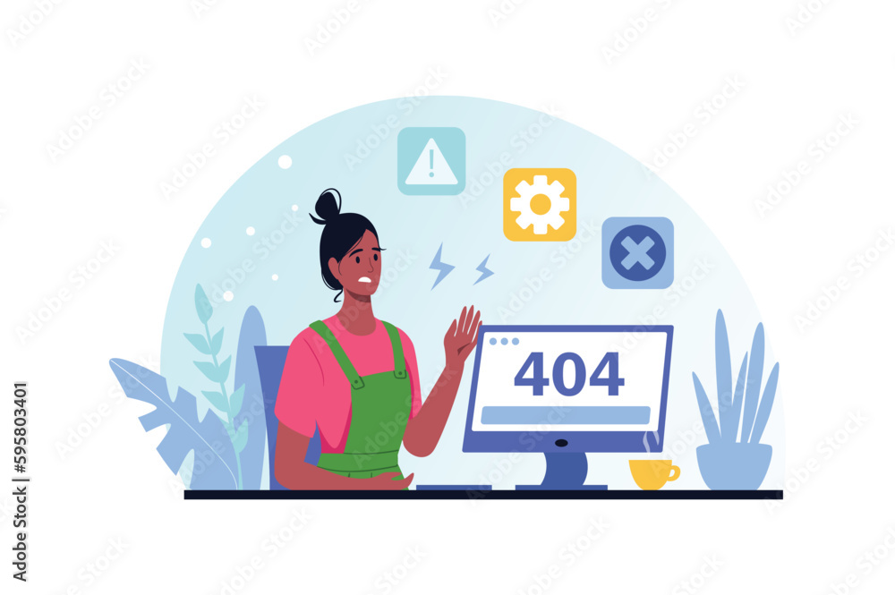 Aufkleber 404 not found blue and pink concept with people scene in the flat cartoon design. programmer cannot 