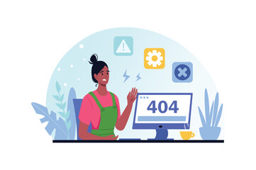 404 not found blue and pink concept with people scene in the flat cartoon design. Programmer cannot understand why her computer crashed. Vector illustration.