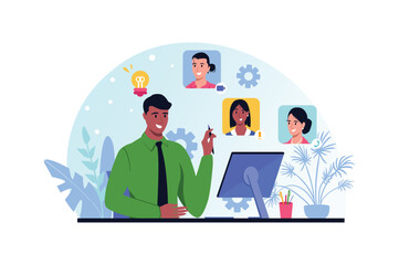 Business videoconference blue and pink concept with people scene in the flat cartoon design. Business man discusses important issues with colleagues via video conference. Vector illustration.
