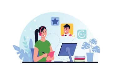 Online support blue and pink concept with people scene in the flat cartoon style. Support center worker talking to a client on the phone. Vector illustration.
