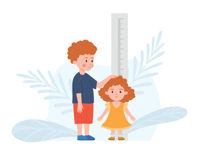 Boy and girl measure height with stadiometer scale vector illustration isolated.