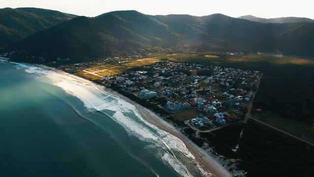 Aerial view of the Brazilian coastline and the town of Acores, on the island of Santa Catarina, Brazil