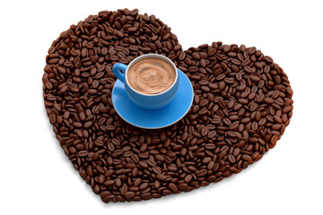 Ceramic coffee cup with coffee beans for americano, espresso, latte on white