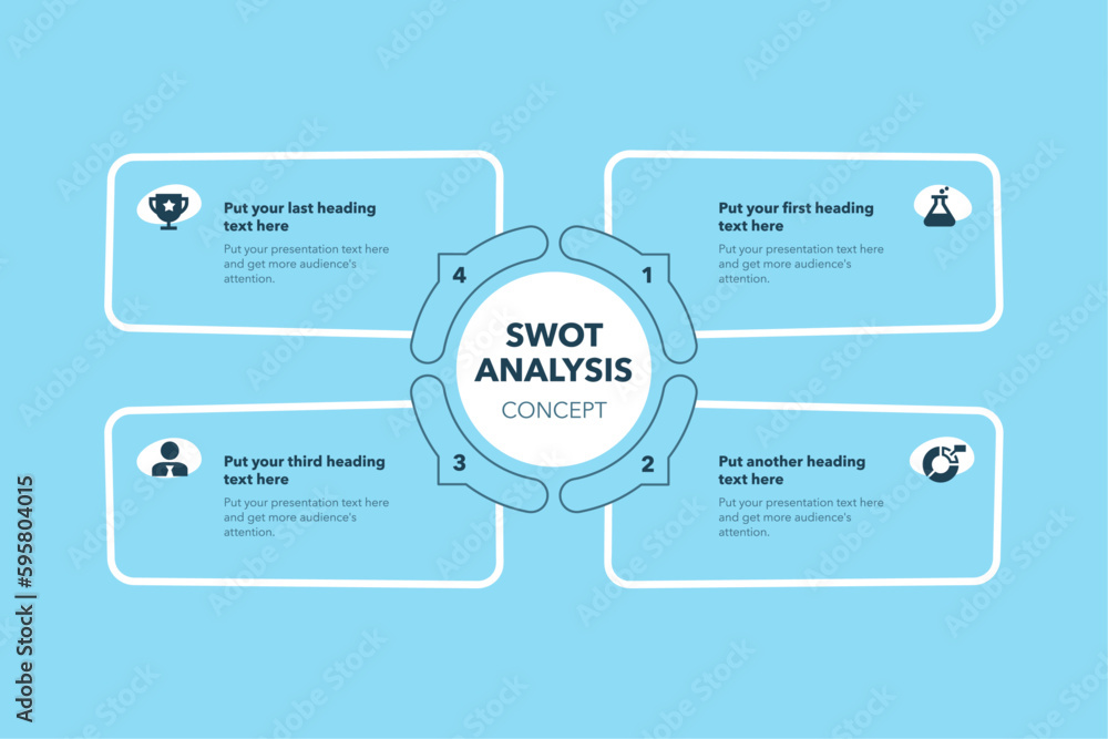 Poster Swot analysis concept with four steps and place for your description - blue version. Flat infographic design template for website or presentation.