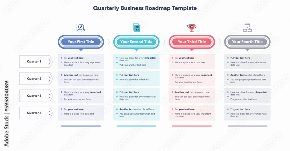 Poster quarterly business roadmap template with four colorful sections. flat creative diagram with place fo