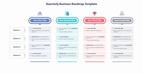 Quarterly business roadmap template with four colorful sections. Flat creative diagram with place for your texts.