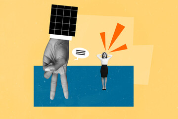 Creative collage image of black white effect huge hand mini impressed girl communicate dialogue...