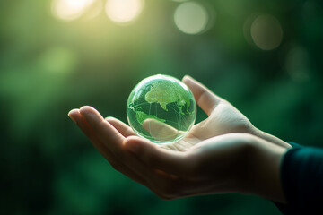 Earthcentered icon in a hand, green background . Generative AI